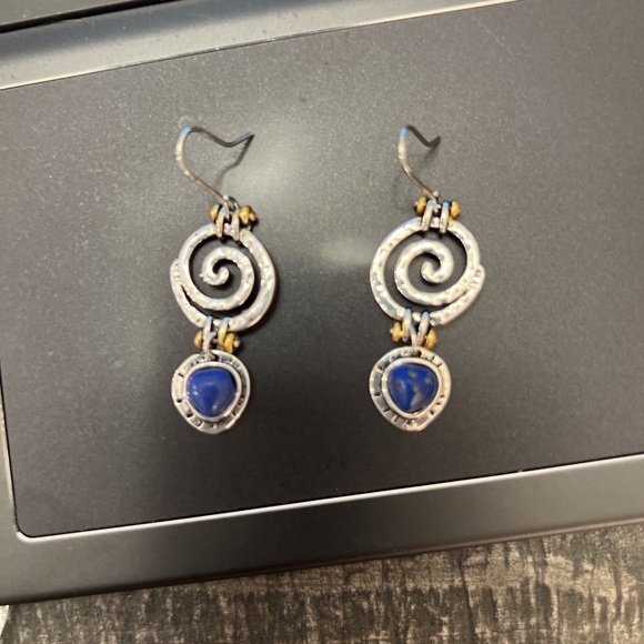 NWT 925 Silver Swirl Dangle drop earrings cobalt blue stone - Picture 2 of 2